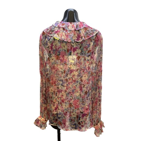 NWT Johnny Was Vintage Sheer Floral Pink Blouse w/Ruffled Collar Size L - Picture 2 of 13